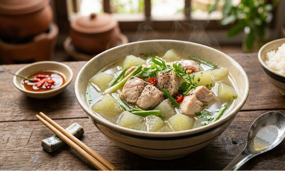 canh-bi-dao1-17857323325041663376867 Canh bí đao nấu cá phù hợp với người hay bị nóng trong, miệng đắng, chán ăn hoặc tiểu tiện vàng. Ảnh: AI.