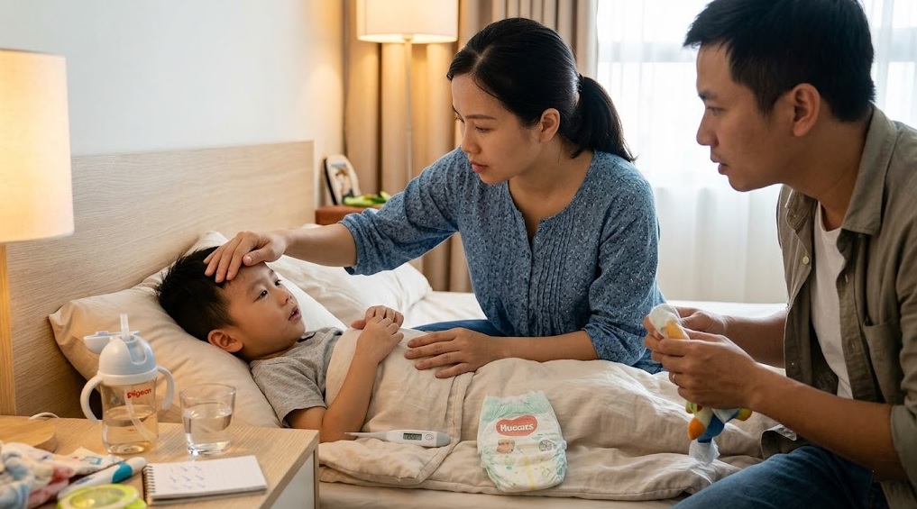 Cha mẹ nên theo dõi không chỉ nhiệt độ mà cả mức tỉnh táo, khả năng uống nước, đi tiểu và các triệu chứng mới xuất hiện trong 72 giờ đầu trẻ sốt.
