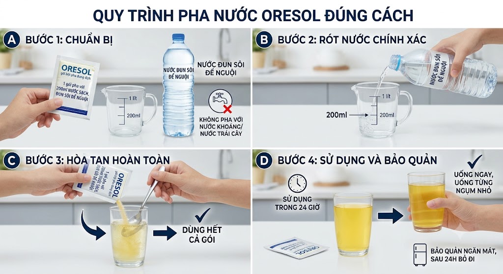 Cần pha nước oresol đúng cách.